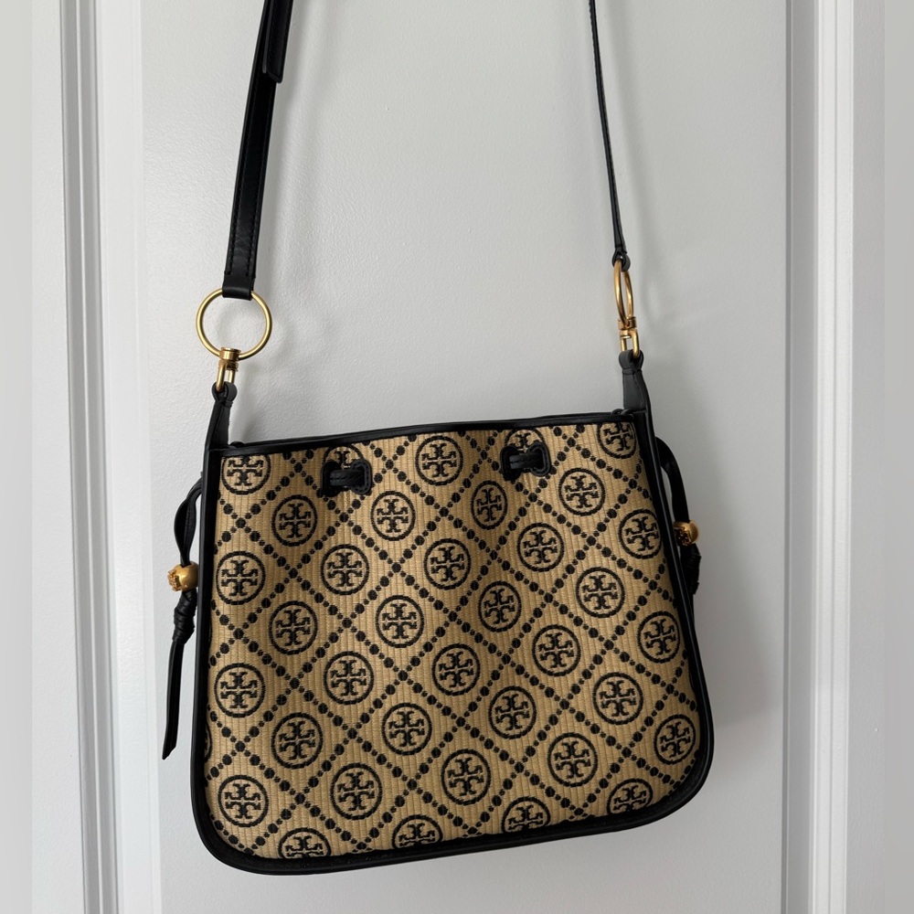 Tory Burch Black and Tan Crossbody Bag with Gold Hardware